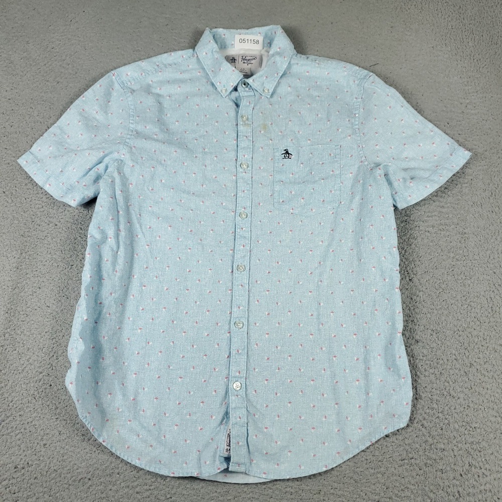 Penguin Shirt Mens Size Large Blue Geometric Casual Button Up Short Sleeve *